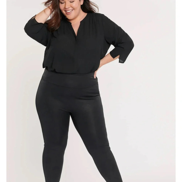 NYDJ Pull-On Skinny Legging Pants 0X Black Metallic Coated Textured Faux Leather - Picture 3 of 10